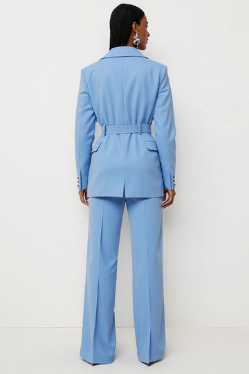 Bleu 2 pièces cranté revers femmes costumes avec ceinture